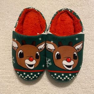 🍋 10/$20 Plush Holiday Slippers with Green and Rust Orange Print